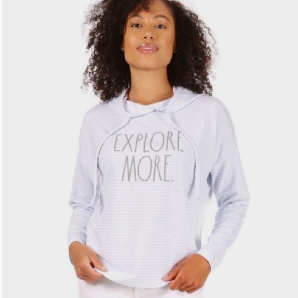 RAE Dunn Explore More blue and white striped soft long sleeve graphic Hoodie